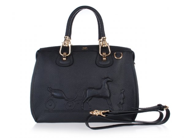 Hermes 2013 Horse Draw Carriage Embossed Lichee Pattern Black Si